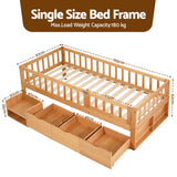 Artiss Kids Single Bed Frame with 3 Storage Drawer Montessori Bed for Toddler Natural - Front View