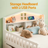 Artiss Single Bed Frame with 2 Storage Drawers, Montessori Bed with Headboard, 2 USB Ports & Led Light, Solid Wood Platform Bed Base with Safety Rail & Ladder, 31CM Under-Bed Storage, White - Top-Down View