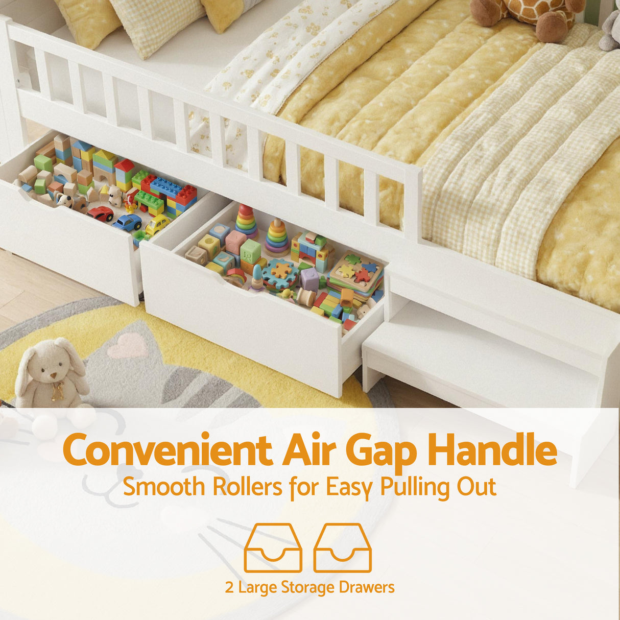 Artiss Single Bed Frame with 2 Storage Drawers, Montessori Bed with Headboard, 2 USB Ports & Led Light, Solid Wood Platform Bed Base with Safety Rail & Ladder, 31CM Under-Bed Storage, White