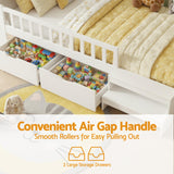 Artiss Single Bed Frame with 2 Storage Drawers, Montessori Bed with Headboard, 2 USB Ports & Led Light, Solid Wood Platform Bed Base with Safety Rail & Ladder, 31CM Under-Bed Storage, White - Rear View