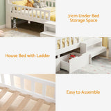 Artiss Single Bed Frame with 2 Storage Drawers, Montessori Bed with Headboard, 2 USB Ports & Led Light, Solid Wood Platform Bed Base with Safety Rail & Ladder, 31CM Under-Bed Storage, White - Close-Up Angle