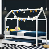 Artiss Bed Frame Wooden Trundle Daybed Kids House Frame White HOLY - Close-Up Angle