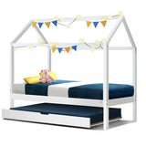 Artiss Bed Frame Wooden Trundle Daybed Kids House Frame White HOLY - Low Angle