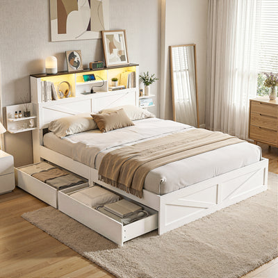 Artiss Double Bed Frame with Storage Drawers White Platform Bedframe with Bookcase Headboard Charging Station Led Light