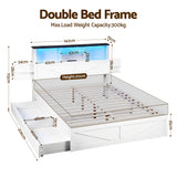 Artiss Double Bed Frame with Storage Drawers White Platform Bedframe with Bookcase Headboard Charging Station Led Light - Front View