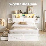Artiss Double Bed Frame with Storage Drawers White Platform Bedframe with Bookcase Headboard Charging Station Led Light - Top-Down View