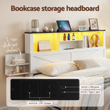 Artiss Double Bed Frame with Storage Drawers White Platform Bedframe with Bookcase Headboard Charging Station Led Light - 45-Degree Angle