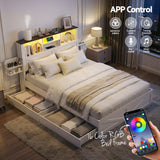 Artiss Double Bed Frame with Storage Drawers White Platform Bedframe with Bookcase Headboard Charging Station Led Light - Rear View
