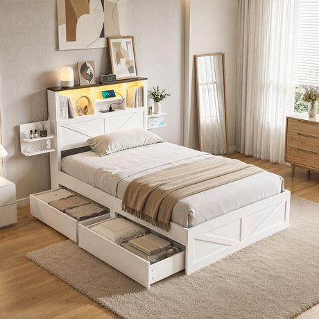 Artiss King Single Bed Frame with Storage Drawers White Platform Bedframe with Bookcase Headboard Charging