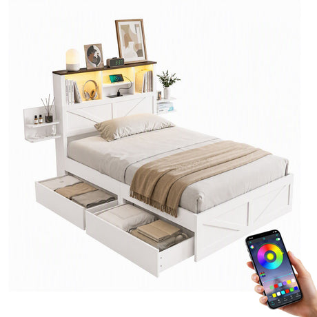 Artiss King Single Bed Frame with Storage Drawers White Platform Bedframe with Bookcase Headboard Charging, Storage