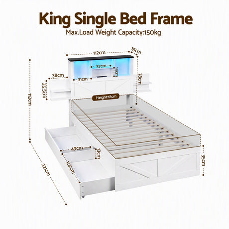 Artiss King Single Bed Frame with Storage Drawers White Platform Bedframe with Bookcase Headboard Charging, LED Lights