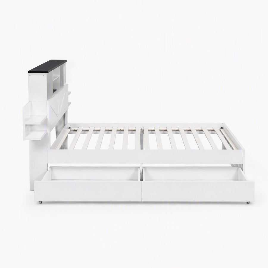 Artiss King Single Bed Frame with Storage Drawers White Platform Bedframe with Bookcase Headboard Charging Station Led Light