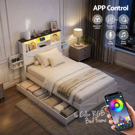Artiss King Single Bed Frame with Storage Drawers White Platform Bedframe with Bookcase Headboard Charging, image 6