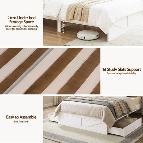 Artiss King Single Bed Frame with Storage Drawers White Platform Bedframe with Bookcase Headboard Charging, image 7