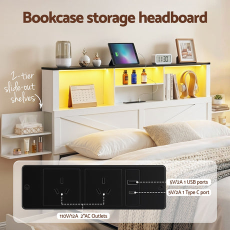 Artiss King Single Bed Frame with Storage Drawers White Platform Bedframe with Bookcase Headboard Charging, image 8