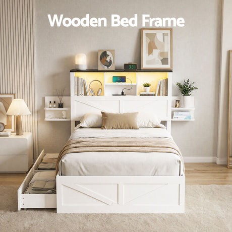 Artiss King Single Bed Frame with Storage Drawers White Platform Bedframe with Bookcase Headboard Charging, image 9