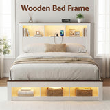 Artiss Double Bed Frame with Storage Bookcase Headboard and Footboard White Wooden Platform Bed with Charging Station and Led Light Bedroom Furniture - Top-Down View