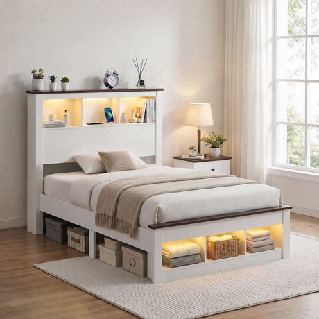 Artiss white king single bed frame with bookcase headboard and footboard