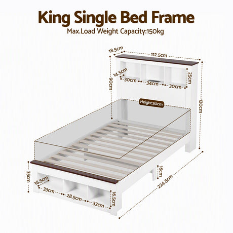Artiss white king single bed frame with bookcase headboard and footboard, footboard with three open cubbies