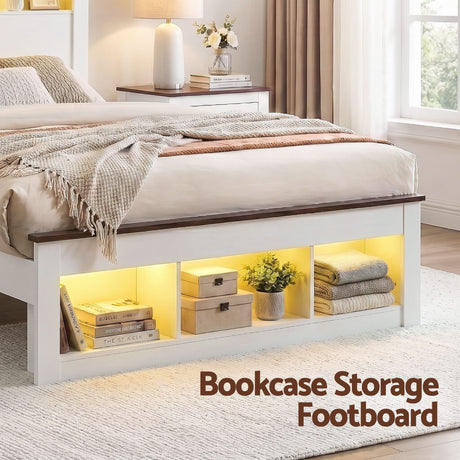 Artiss white king single bed frame with bookcase headboard and footboard, built-in charging station