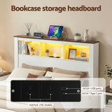 Artiss Queen Bed Frame with Storage Bookcase Headboard and Footboard White Wooden Platform Bed with Charging Station and Led Light Bedroom Furniture - 45-Degree Angle