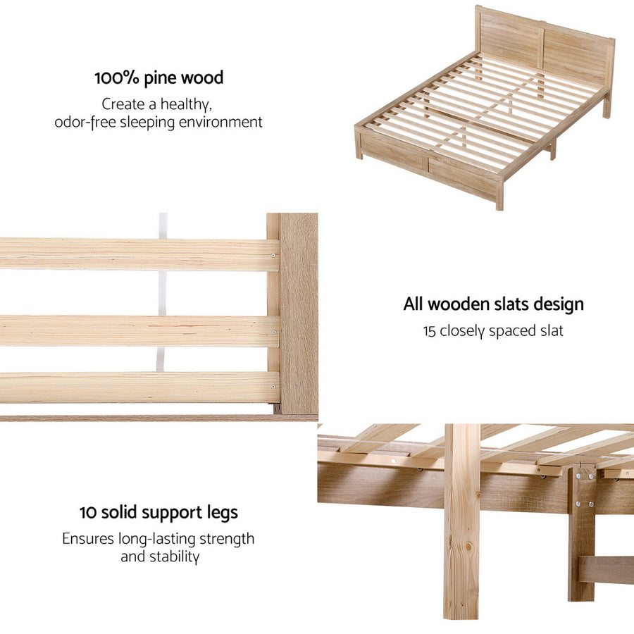 Artiss Bed Frame Queen Size Wooden Acacia Wood OATMEAL, image 7