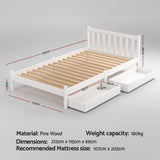 Artiss Bed Frame King Single Size Wooden Platform with 2 Storage Drawers White - Front View