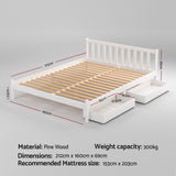 Artiss Bed Frame Queen Size Wooden Platform with 2 Storage Drawers White - Front View