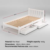 Artiss Bed Frame Single Size Wooden Platform with 2 Storage Drawers White SOFIE - Side View