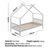 Artiss Bed Frame Wooden Base Kids Single Timber House Beds White - Front View
