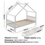 Artiss Bed Frame Wooden Base Kids Single Timber House  with 2 Storage Drawers Beds White - Front View
