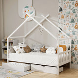 Artiss Bed Frame Wooden Base Kids Single Timber House  with 2 Storage Drawers Beds White - Close-Up Angle