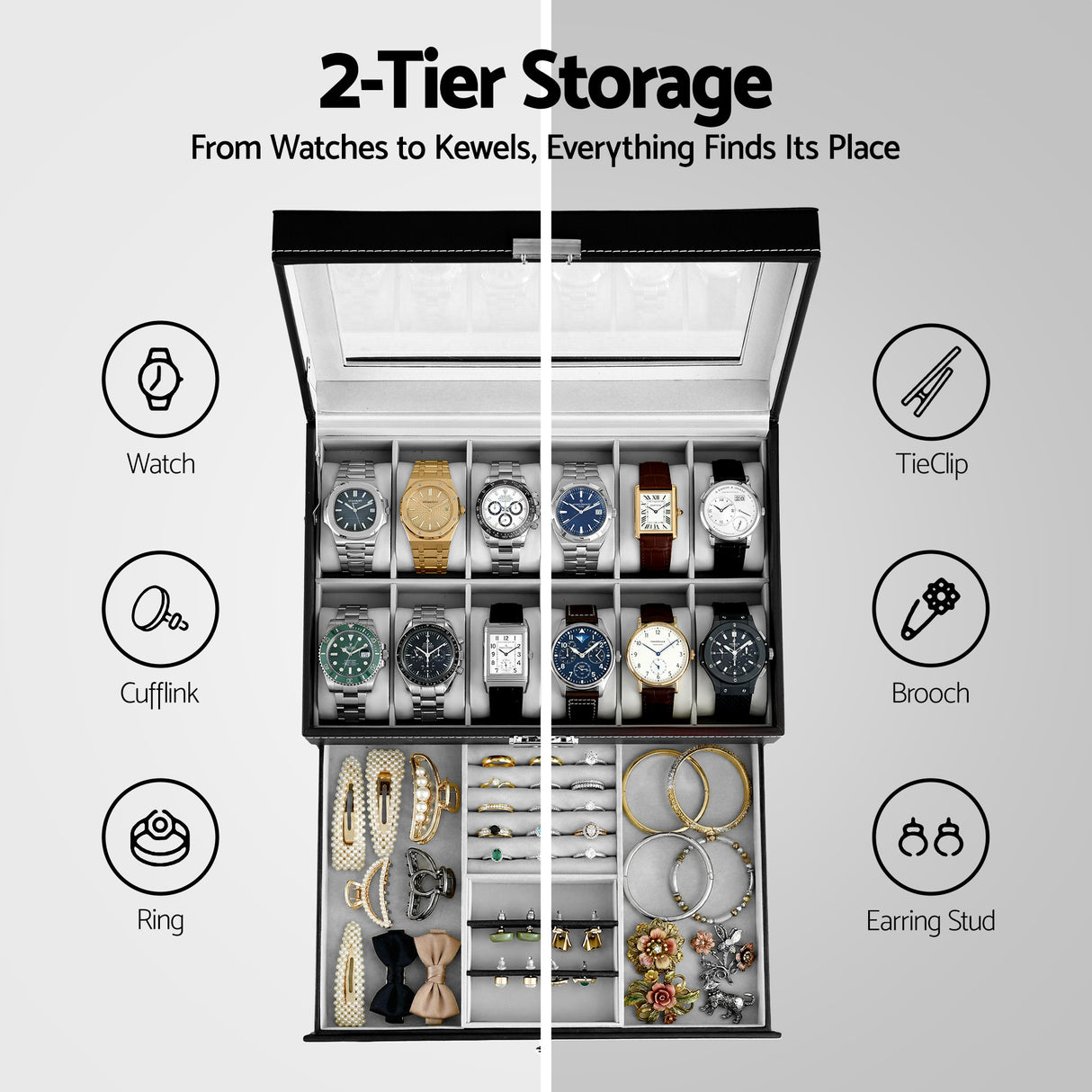 Embellir 12 Grids Watch Box Organizer Case Jewelry Display Storage Showcase