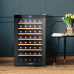 Devanti black 51 bottle wine fridge with glass door and wooden racks