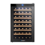 Devanti black 51 bottle wine fridge with glass door and wooden racks, touch control panel and LED display