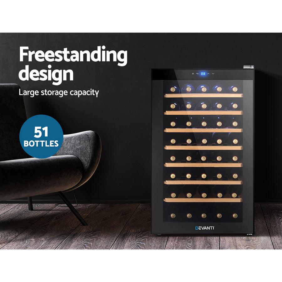 Devanti black 51 bottle wine fridge with glass door and wooden racks, wooden racks