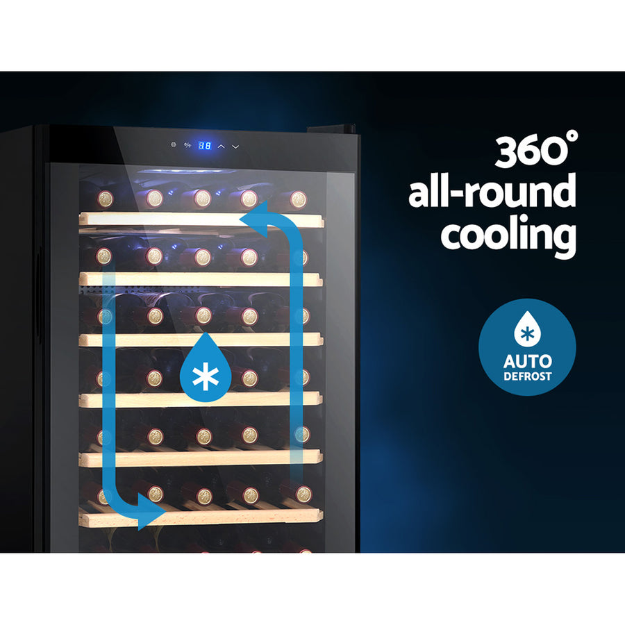 Devanti black 51 bottle wine fridge with glass door and wooden racks, built-in LED lights