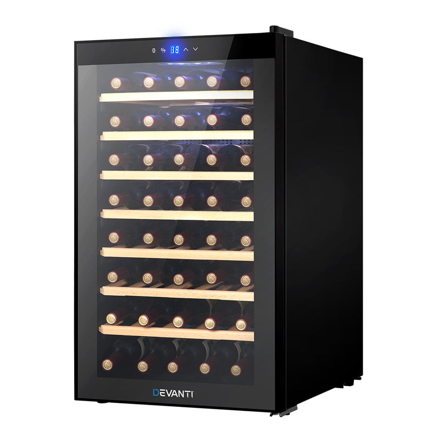 Devanti black 51 bottle wine fridge with glass door and wooden racks, image 7