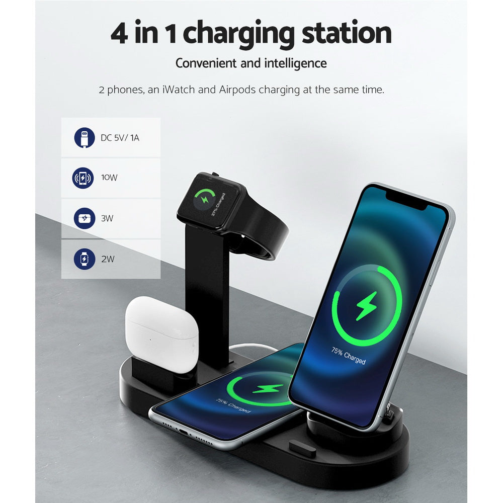 Devanti 4-in-1 Multi-Device Wireless Charging Dock Station for Phones, iWatches, and AirPods