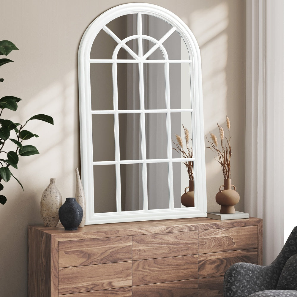 Oikiture Wooden Window Mirror Arched Wall Mirrors 130x70cm White