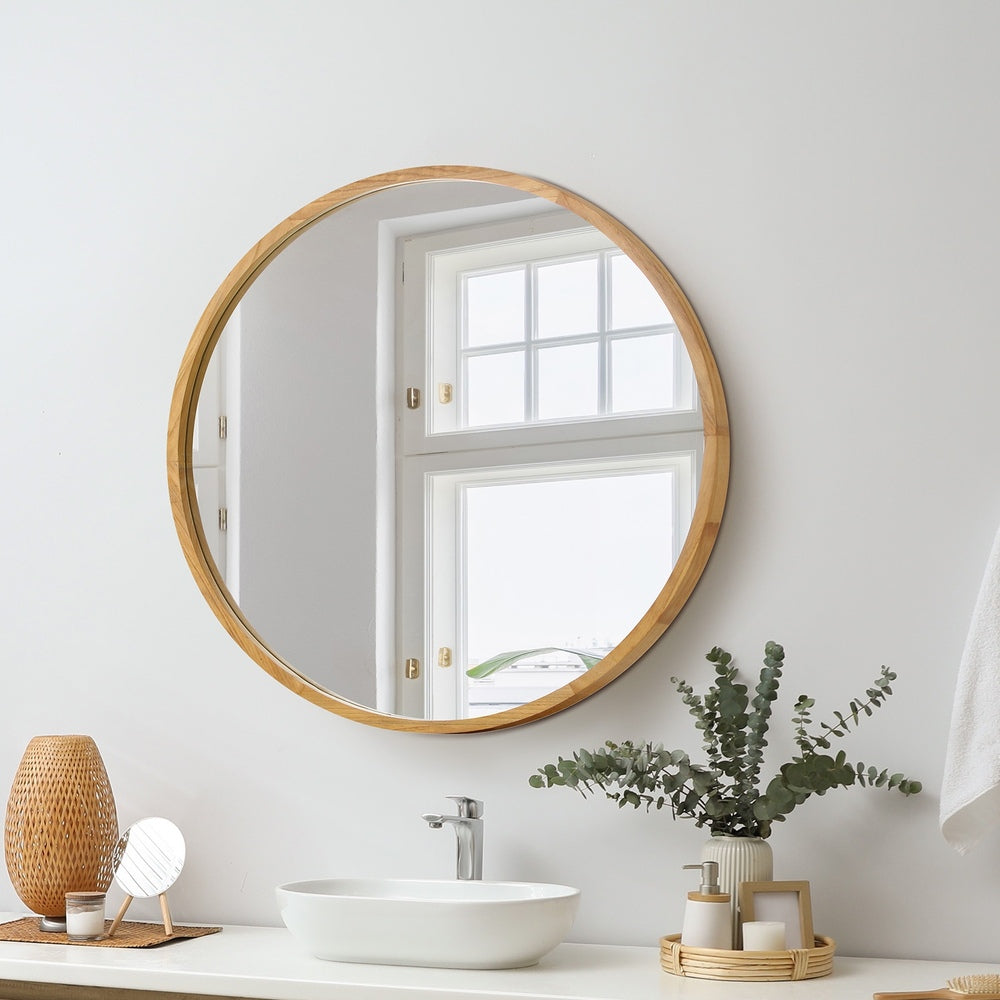 Oikiture Wall Mirror with Wood Frame 60cm Round