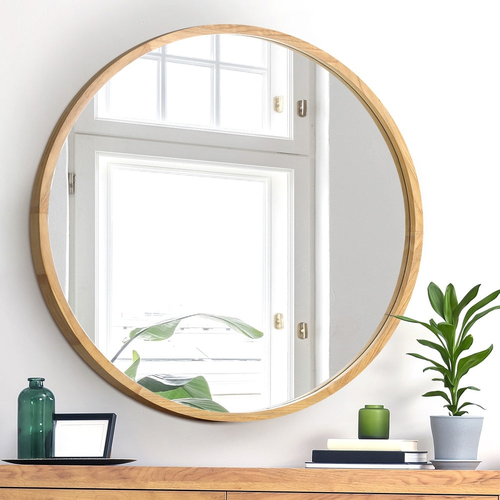 Oikiture Wall Mirror with Wood Frame 90cm Round
