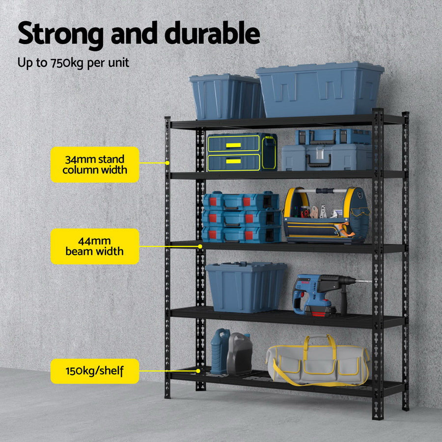 Giantz black 5 tier boltless steel garage shelving rack, 1.8M x 1.2M, powder-coated black frame
