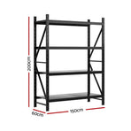 Giantz 4 tier garage shelving warehouse rack, 1.5m x 0.6m x 2m, black steel, Z-bracing on the frame