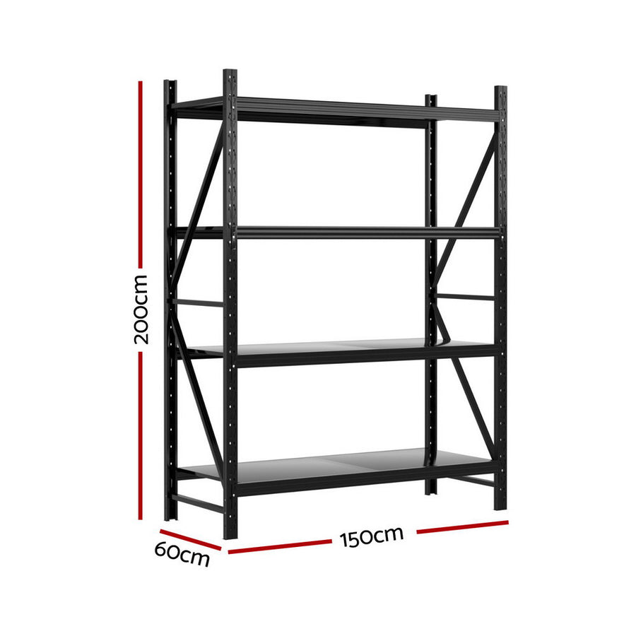 Giantz 4 tier garage shelving warehouse rack, 1.5m x 0.6m x 2m, black steel, Z-bracing on the frame