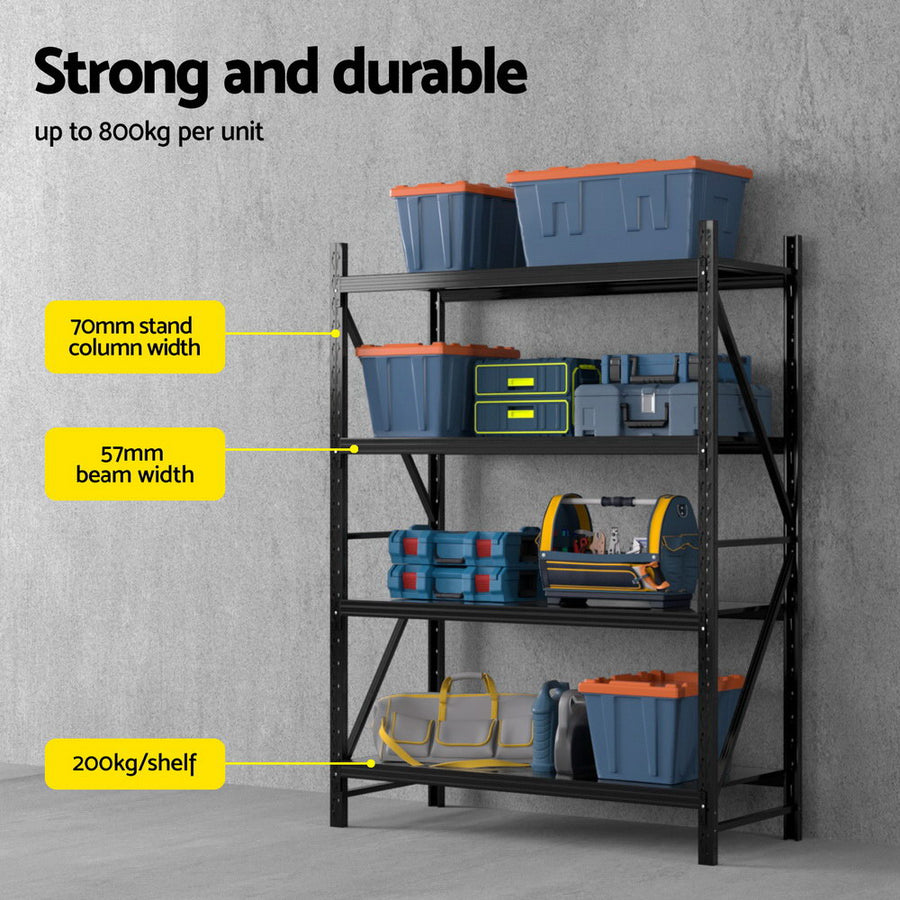 Giantz 4 tier garage shelving warehouse rack, 1.5m x 0.6m x 2m, black steel, safety plugs