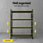 Giantz 4 tier garage shelving warehouse rack, 1.5m x 0.6m x 2m, black steel, rack loaded with tools