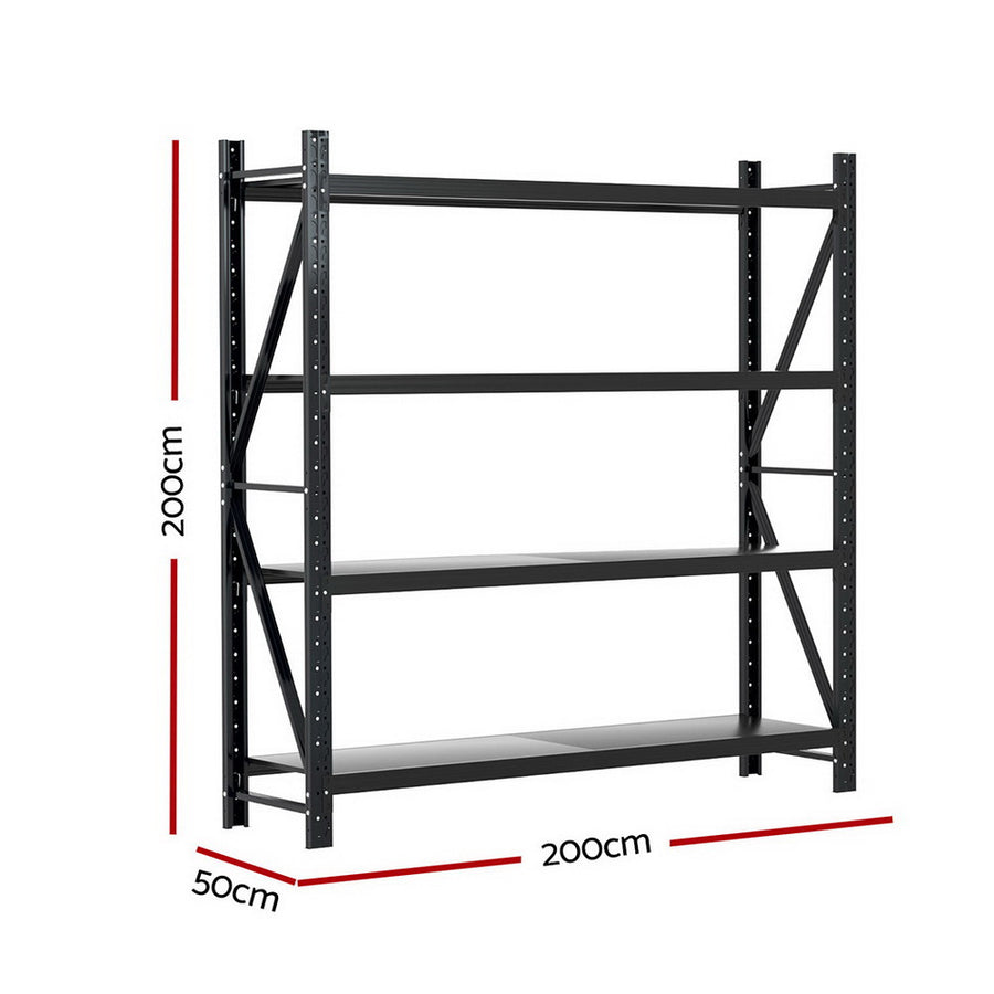 Giantz black 2M x 2M 4 tier steel warehouse shelving rack, Z-bracing on the frame