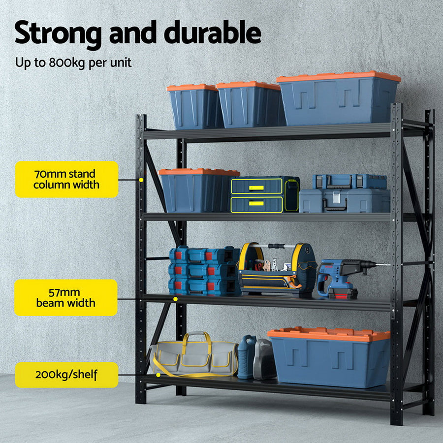 Giantz black 2M x 2M 4 tier steel warehouse shelving rack, safety plugs