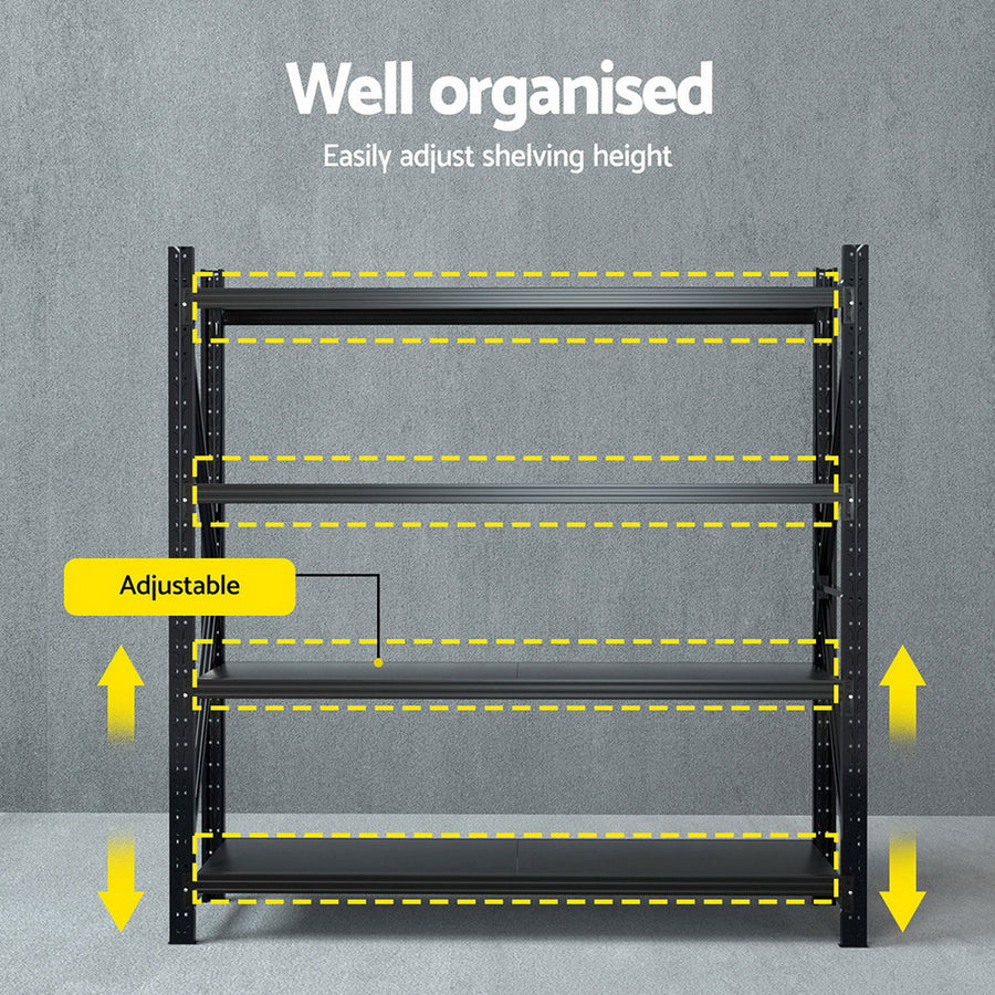 Giantz black 2M x 2M 4 tier steel warehouse shelving rack, rust-resistant black finish